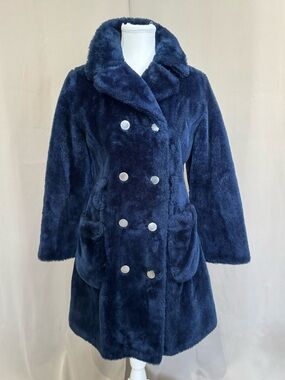 Glenoit Sapphire Navy Blue Faux Fur Vintage Pea Coat 60’s/70’s Retro Glam